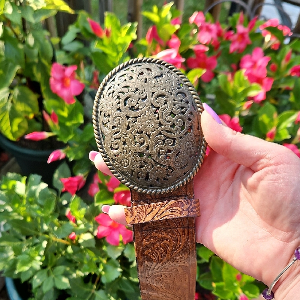 Ornate Brown Leather Belt with Intricate Buckle